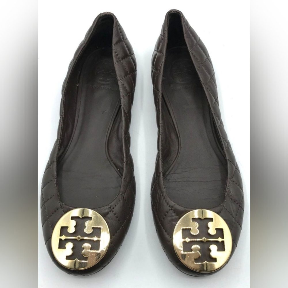 Tory Burch Brown Gold Flats with Iconic Logo